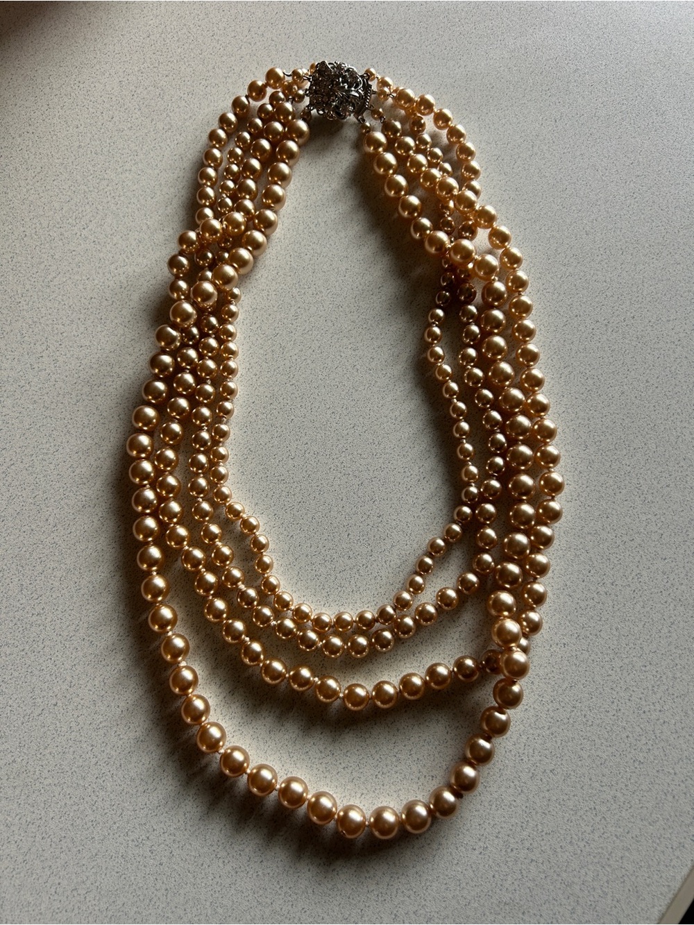 Vintage Multi-Strand faux Pearl Statement Necklace with Rhinestone Clasp